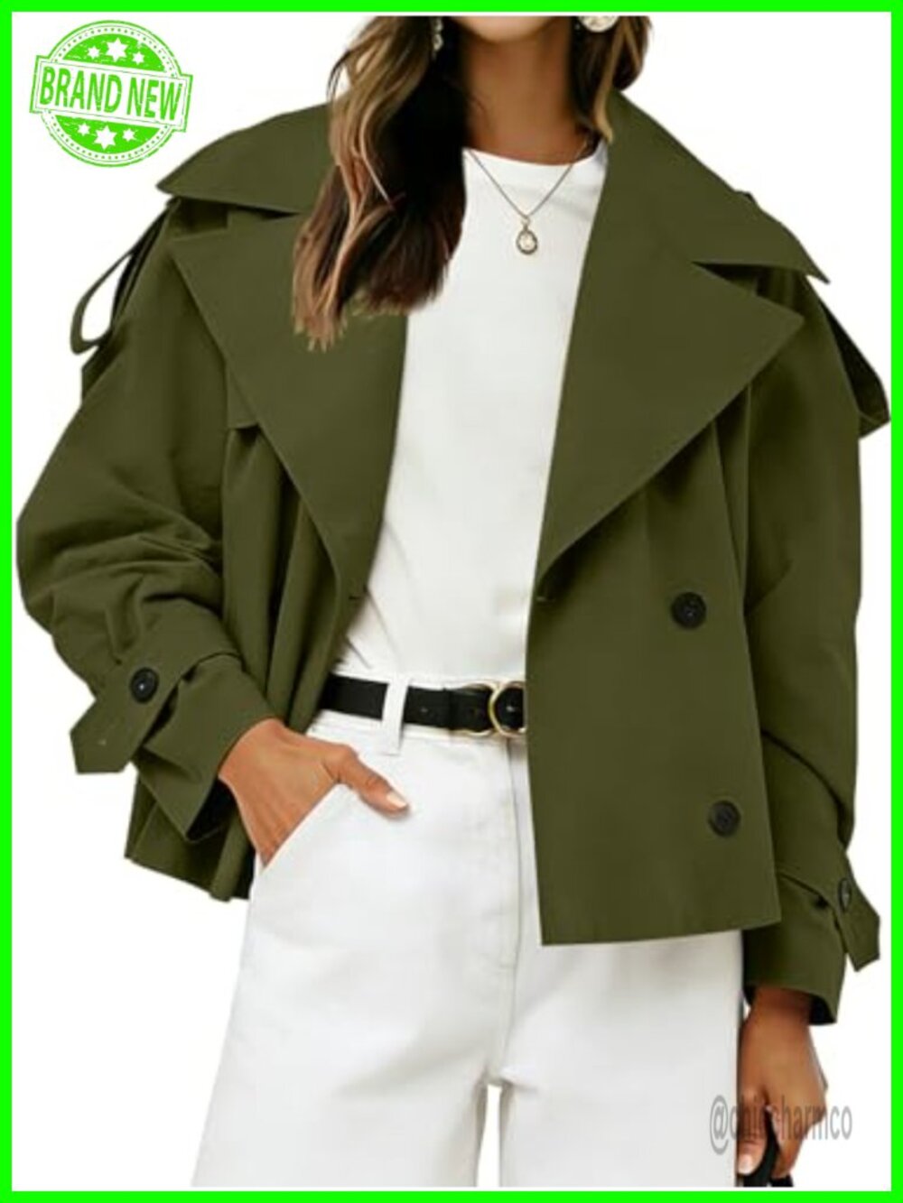Cropped Trench Coat with Belt Double Breasted Notch Lapel Polyester Lightweight